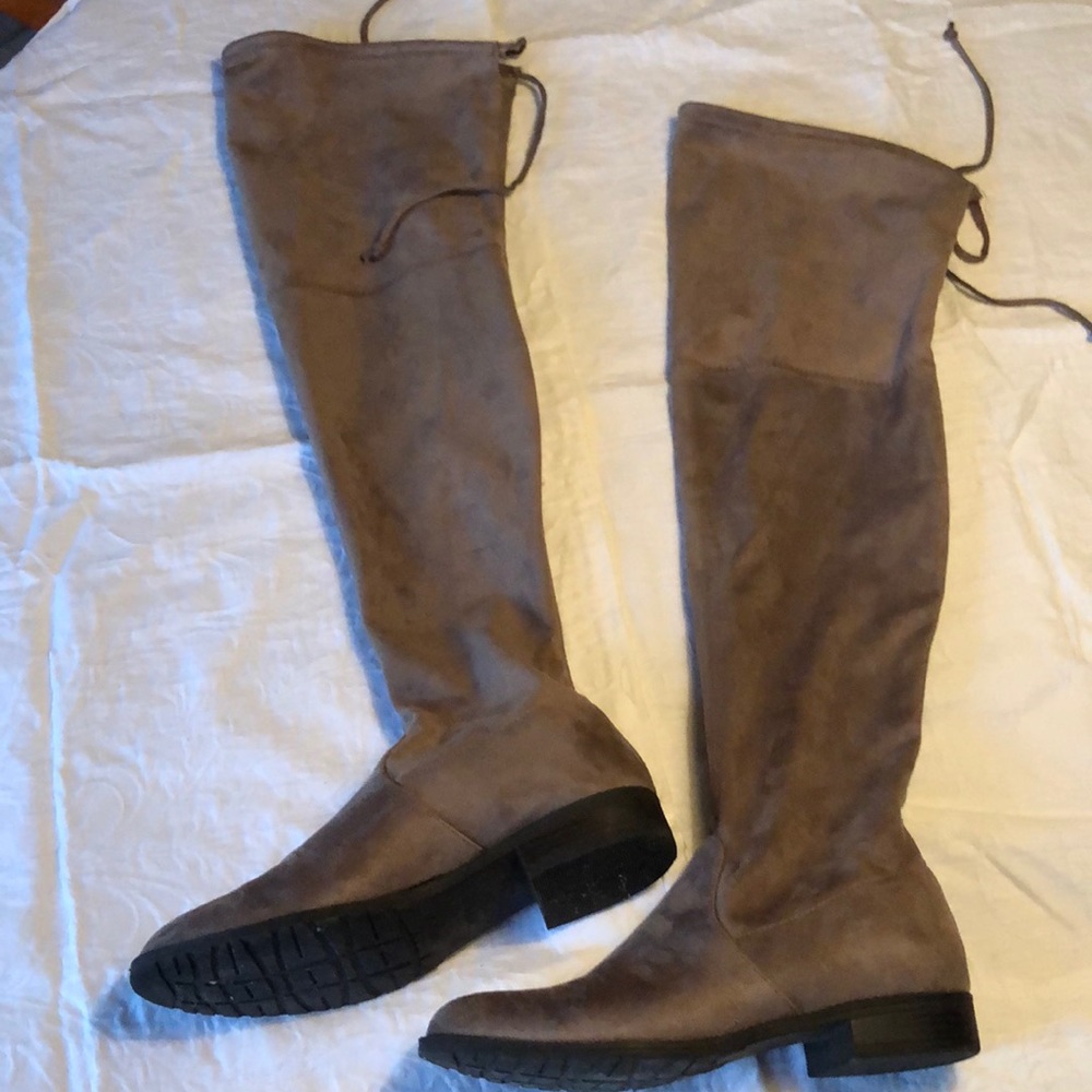 Greyish tan suede over the knee boots with ties